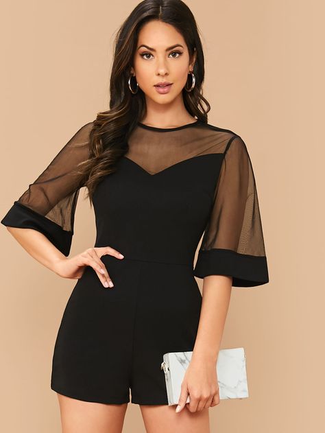 Mesh Romper, Elegant Shawl, Bell Sleeve Romper, Comfy Jumpsuits, Belle Silhouette, Rompers Online, Business Formal Dress, Mesh Sleeves, Professional Dresses