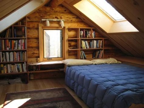 reading room Tiny Log Cabin, Cabin Loft, Attic Renovation Ideas, Attic Bedroom Designs, Small Attic, Attic Bedrooms, Attic Renovation, Attic Spaces, Attic Remodel