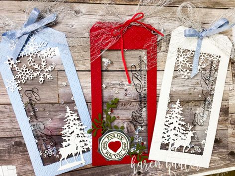 How to Create a Christmas Tag Shaker. - Karen Hadler Stamping Bees Christmas Tags Handmade, Christmas Gift Tags Handmade, Xmas Tags, Gift Tags Diy, Christmas Paper Crafts, Handmade Gift Tags, Diy Tags, Stampin Up Christmas, Handmade Tags