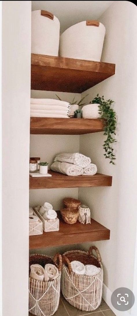 Bathroom Linen Shelf, Built In Shelf Over Toilet, Small Bathroom Built In Shelves, Open Shelf Bathroom Storage Ideas, Boho Beach House Bathroom, Open Storage In Bathroom, Boho Bathroom Storage Ideas, Wooden Floating Shelves Bathroom, Open Shelf Linen Closet