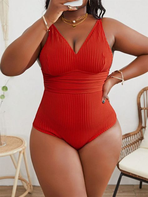 Red  Collar  Knitted Fabric Plain  Embellished High Stretch  Women Plus Clothing Swimming Costume For Women Plus Size, Compression Clothing, Curvy Swimwear, Plus Size Summer Outfit, Curvy Women Jeans, Swimming Costume, Red Collar, Graduation Cap, Airport Outfit