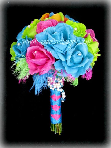 Neon Wedding Theme, Rave Wedding, Rainbow Wedding Theme, Lime Green Weddings, Rainbow Bouquet, 80s Wedding, Unique Bridal Bouquets, Flower Bridesmaid, Green Wedding Flowers