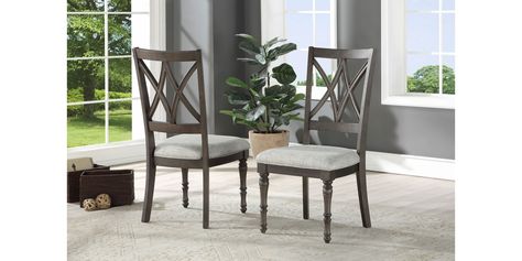 Linden wooden dining chair has updated traditional styling details, web back and turned legs .Asian hardwood solids and Oak veneers. Steve Silver Furniture, Mismatched Dining Chairs, Wood Side Chair, Crossback Chairs, Traditional Dining, Matching Chairs, Wood Dining Chairs, Chair Types, Fabric Seat