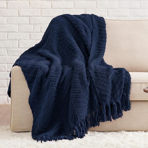 PRICES MAY VARY. Extra Soft: The fuzzy, velvety strands of the chenille yarn create a plush and textured surface, giving this chenille throw blanket a wool-like hand feel and incredible softness. Warm Yet Lightweight: With a lightweight and breathable weave, this super soft woven throw blanket provides excellent airflow while still providing plenty of warmth, making it ideal for use throughout the year. Elegant Style: This knitted throw blanket for couch shows an impeccable display of artistry t Navy Throw Blanket, Blanket With Tassels, West Elm Bedding, Navy Throw, Fringe Throw Blanket, Chenille Blanket, White Throw Blanket, Blue Throw Blanket, Chenille Throw