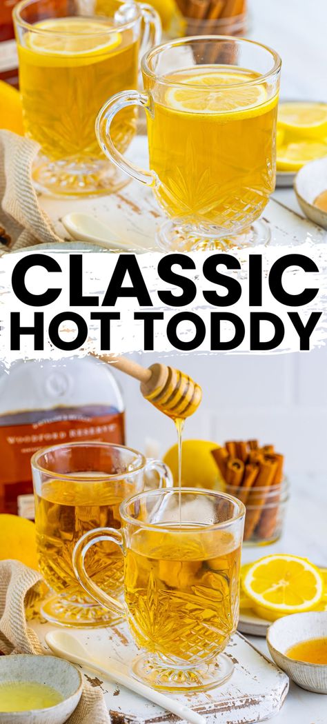 This classic Hot Toddy is a soothing combination of whiskey, honey & lemon for a perfect remedy to winter chills or warming up on cold nights! Hot Toddy Recipe For Colds, Stuffing Recipes Crockpot, Hearty Winter Recipes, Hot Toddy Cocktail, Warm Cocktails, Bread Booze Bacon, Toddy Recipe, Hot Toddies Recipe, Spiced Drinks