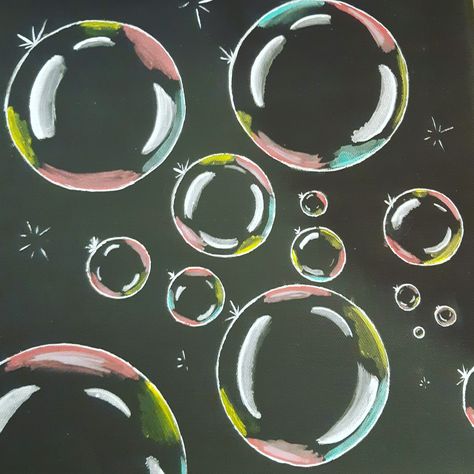 Bubbles Chalk Art, Bubble Art Tutorial, Diy Bubble Decor, Bubble Canvas Painting, Black Board Drawing Ideas, Painted Bubbles, Blackboard Decoration, Blackboard Drawing, Blackboard Art