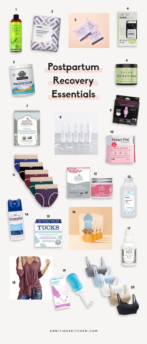 The ultimate list of postpartum recovery essentials for new moms who have just given birth. I'm sharing everything from nursing pads and perineal balm to nourishing snacks and supplements that help make postpartum recovery and healing just a little bit easier and more comfortable for new moms. #postpartum #birth #childbirth Nourishing Snacks, Postpartum Must Haves, Postpartum Diet, Postpartum Care Kit, Ambitious Kitchen, Mom Care, Nursing Pads, Baby Prep, After Birth