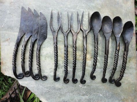 Medieval Cutlery, Medieval Food, Sca Camping, Kule Ting, Fork Spoon Knife, Viking Wedding, Blacksmith Tools, Blacksmith Projects, Spoon Knife