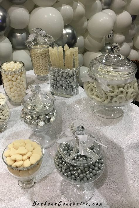 Silver Candy Buffet, Candy Buffet Bar, White Silver Wedding, 25th Wedding Anniversary Party, Buffet Bar, 18th Birthday Party Themes, 25th Anniversary Party, Disco Birthday Party, 60 Wedding Anniversary