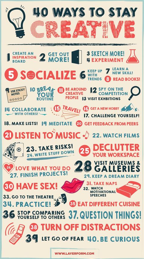 40 Ways to Stay Creative - Infographic - Layerform Design Magazine Stay Creative, Creative Infographic, Creative Posters, Inbound Marketing, Digital Marketing Strategy, Self Development, Writing Prompts, The Words, Self Help