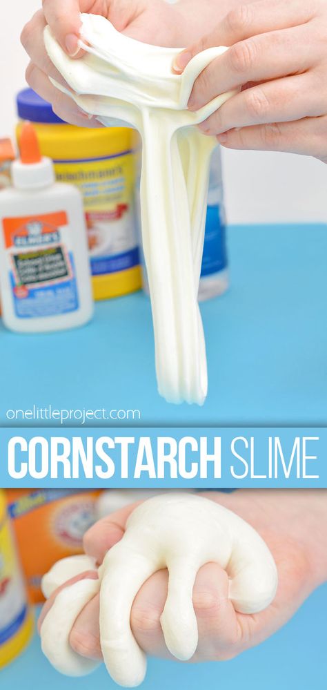 Cornstarch slime is SO MUCH FUN to play with! It's soft, squishy, and stretchy with a smooth, fluffy texture – and it's so easy to clean up! Kids can learn how to make slime with cornstarch using this easy slime recipe. Slime Made With Cornstarch, Cornstarch Slime 2 Ingredients, Home Made Slime For Kids Easy, Non Toxic Slime Recipes Kids, Things To Make With Cornstarch, Cornstarch Crafts, Slime Recipe With Cornstarch, How To Make Slime With Cornstarch, Home Made Slime For Kids