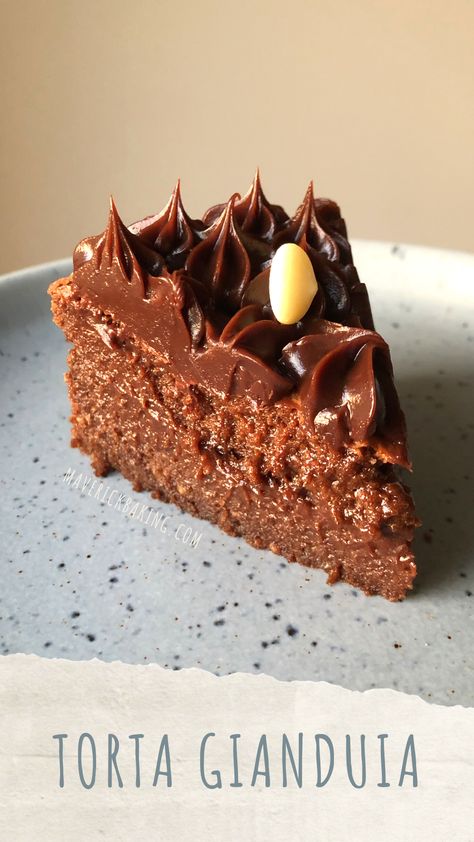 Torta Gianduia; a dance of chocolate and hazelnut delight, with a flourless mousse-like chocolate hazelnut cake and rich ganache. Chocolate Hazelnut Ganache, Hazelnut Dessert, Pelo Chocolate, Chocolate Tasting, Chocolate Hazelnut Cake, Rich Cake, Uk Food, Chocolate Torte, Hazelnut Cake