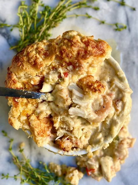 Cheddar Bay Biscuit Seafood Pot Pie | kingcooks Seafood Pot Pie, Seafood Pot, Cheesy Biscuit, Homemade Apple Butter, Cheddar Bay Biscuits, Seafood Entrees, Herb Cheese, Pot Pies, Cooking With Olive Oil