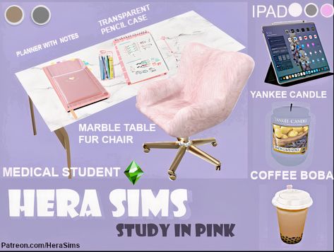 Study in pink collection | Hera Sims on Patreon Sims4 Pink Cc, Ts4 Pink Cc, S4cc Clutter, Sims 4 Chair, Pink Sims 4 Cc, Sims 4 Pink Cc, Sims 4 College, Sims Bedroom, The Sims 4 Pack