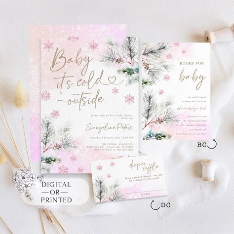 Editable Baby it's Cold Outside Shower Invitation | Pink Winter Baby Brunch | Girl Snowflake Baby Sprinkle Invite, Digital or Print Template Baby It’s Cold Outside Invitations, Sprinkle Invite, Baby Brunch, Winter Baby Shower Invitations, Outside Baby Showers, Winter Girl, Pink Winter, Invitation Pink