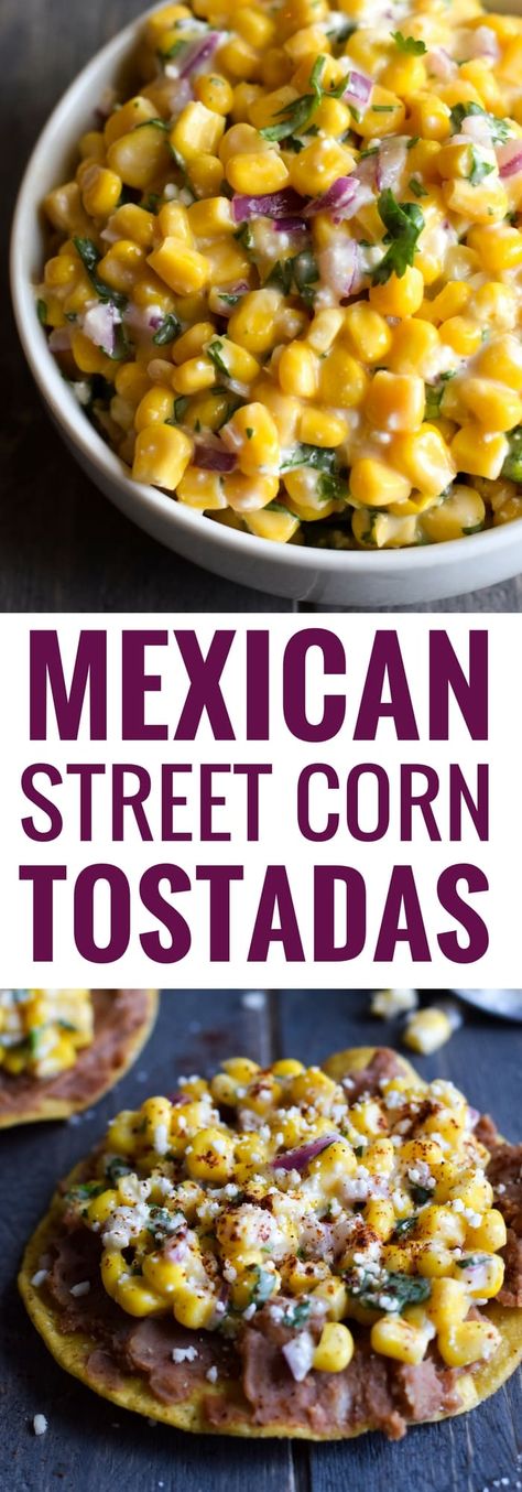 Ready in only 15 minutes, these Mexican Street Corn Tostadas made with canned corn, cotija cheese and chopped cilantro make for an easy lunch or quick dinner that's also gluten free and vegetarian. #tostadas #mexican #glutenfree Corn Cotija, Corn Tostadas, Cotija Cheese, Mexican Street Corn, Street Corn, Canned Corn, Mexican Street, Vegetarian Dinners, Think Food