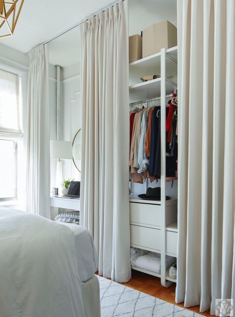 Closet With Curtains, Curtain Wardrobe, Hidden Closet, Closet Curtains, No Closet Solutions, Open Closet, Wardrobe Room, Dressing Room Design, Closet Designs