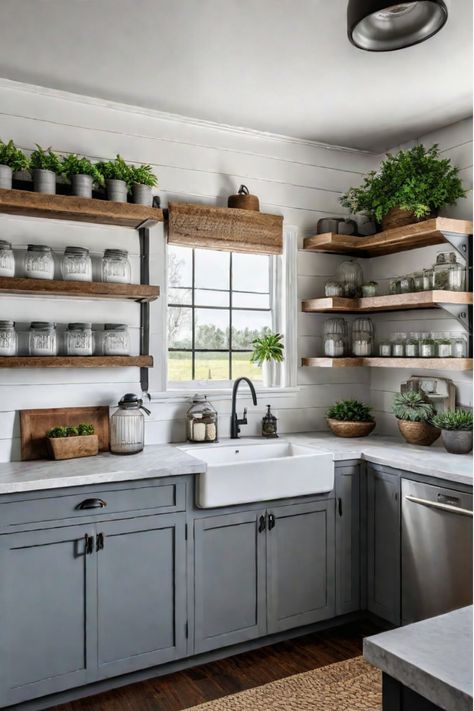 Eclectic farmhouse kitchen with mixed cabinet styles and barn door Farmhouse Kitchen With Gray Cabinets, Farmhouse Kitchen With Painted Cabinets, Open Upper Kitchen Cabinets, Grey And White Kitchens, Open Cabinet Kitchen, Affordable Farmhouse Kitchen, Open Kitchen Cabinet, Dream Farmhouse Kitchen, Open Kitchen Cabinets