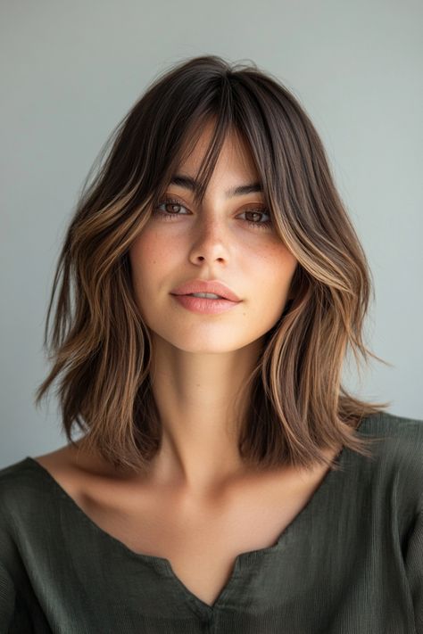 Discover a stylish and flexible option with shoulder-length haircuts paired with curtain bangs; a perfect choice for those with round faces. The layering technique not only adds dimension but also slims down the cheek area creating a flattering appearance. By adding soft, wavy texture to the hair, you can achieve a natural bounce that beautifully frames your face. Lob Haircut Thick Hair Curtain Bangs, Short Wavy Hair Shoulder Length, Bob With Fringe Bangs Mid Length, Curtain Bangs And Lob, Medium Length Haircut With Front Layers, Shag With Curtain Bangs Straight, Wash And Go Straight Haircuts, Long Bob With Bangs And Glasses, Brown Shoulder Length Hair With Bangs