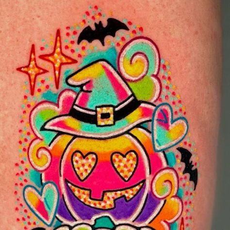 Halloween Candy Tattoo, Jackolantern Tattoo, Candy Tattoo, Lantern Tattoo, Cartoon Tattoos, Halloween Candy, Jack O Lantern, Sparkle, Candy