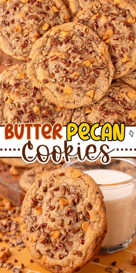 Southern Butter Pecan Cookies, Butter Scotch Cookies Recipes, Butterscotch Pecan Cookies, Tall Cookies, Butter Pecan Cookies Recipe, Caramel Pecan Cookies, Bakery Style Cookies, Cookies 2023, Pecan Cinnamon Rolls