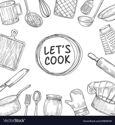 Logo Design Kitchen, Class Sketch, Cook Illustration, Cooking Poster, Culinary Kitchen, Cooking Logo, Sketch Background, Cooking Design, Kitchen Drawing