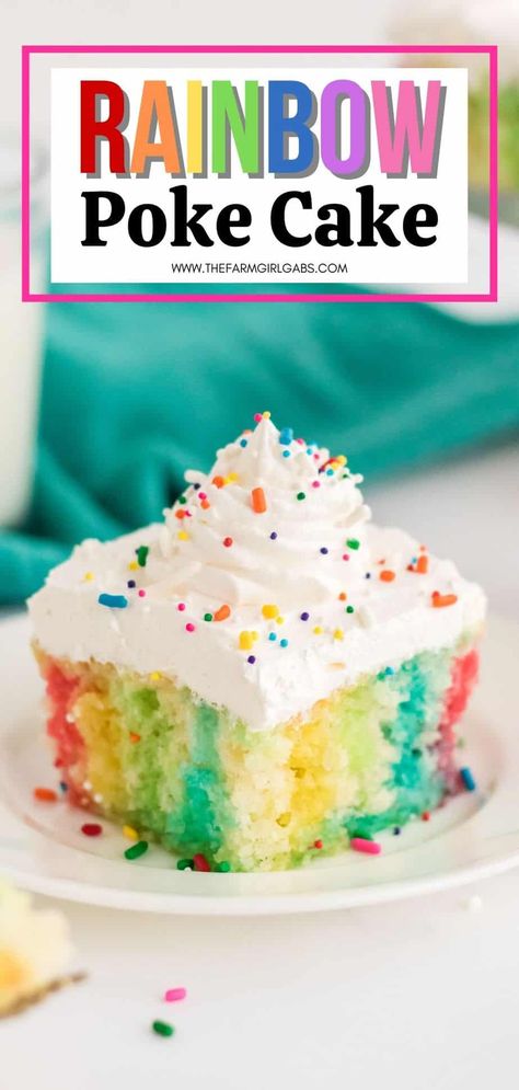 Make a colorful, moist, and utterly delicious cake within minutes with this Rainbow Poke Cake recipe. It is full of flavor and plenty of fun colors, including shades of pink, blue, and yellow! This easy poke cake recipe is fun St. Patrick's Day recipe or easy birthday cake idea. This moist vanilla cake recipe will not last long. Try this easy jello dessert recipe. Rainbow Poke Cake, Jello Cake Recipes, Jello Poke Cake, Fancy Deserts, Poke Cake Jello, Rainbow Jello, Jello Dessert, Poke Cake Recipe, Jello Dessert Recipes