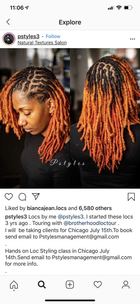 Loc Tip Color Ideas Black Women, Fall Colors For Locs, Auburn Hair Color On Black Women Locs, Fall Color Dreads Black Women, Black And Ginger Locs, Fall Hair Colors For Locs, Ginger Colored Locs, Ginger Colored Locs Black Women, Ginger And Red Locs