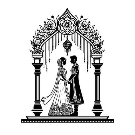 Vector bride and groom getting married i... | Premium Vector #Freepik #vector #bride-groom #wedding-invitation #wedding-logo #indian-couple Mehndi Illustration Couple, Wedding Sketch Couple, Indian Wedding Logo, Indian Wedding Clipart, Wedding Couple Clipart, Bride Images, Card For Bride, Wedding Symbols, Couple Together