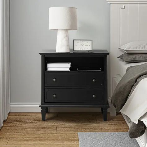 Kamilo Traditional 28.25 inch Open Storage Space Wide Nightstand Table with 2 Drawers by HULALA HOME - On Sale - Bed Bath & Beyond - 36827777 Wide Nightstand, 2 Drawer Dresser, Nightstand Table, Farmhouse End Tables, 3 Drawer Bedside Table, Nightstand With Charging Station, Black Nightstand, Adjustable Office Chair, Velvet Living Room