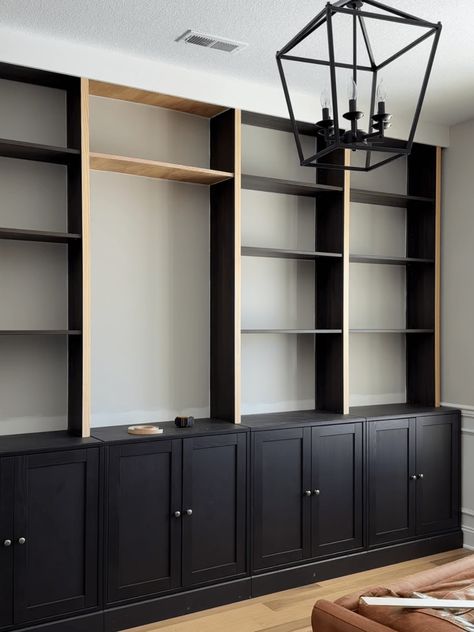 DIY Ikea Built-Ins Hack - Love Letters Billy Bookcase Half Wall, Billy Bookcase Tv Hack, Ikea Shelf Built In Hack, Bully Bookcase Ikea, Diy Built In Book Shelves, Black Painted Built Ins Bookcases, Ikea Office Shelves, Tall Bookshelf Makeover, Billy Bookcase Mudroom Hack