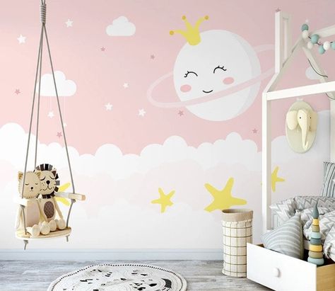 Murs Roses, Kids Room Murals, Nursery Wall Murals, Pink Wallpaper Backgrounds, Moon Clouds, Pastel House, Interior Wallpaper, Star Cloud, Kids Wall Murals