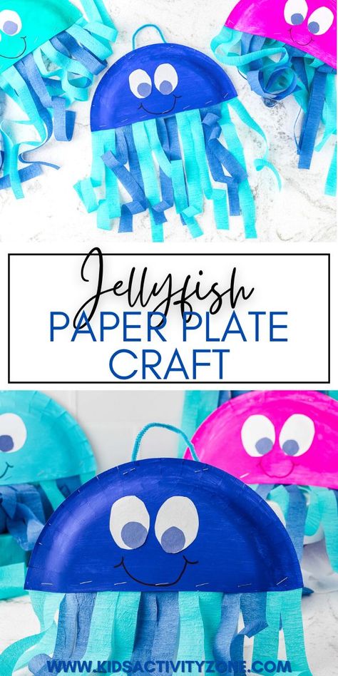 Jellyfish Project Preschool, Jelly Fish Paper Plate Crafts, Paper Plate Jelly Fish Craft, Ocean Animal Paper Plate Craft, Fish Plate Craft, Jellyfish Paper Plate, Jelly Fish Preschool Craft, Easy Jellyfish Craft, Underwater Preschool Crafts