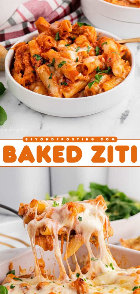 Craving warm comfort food? Here's a simple dinner recipe! It's a classic Italian American pasta bake. Deliciously saucy and cheesy, this easy baked ziti is the BEST. Feel free to keep it vegetarian or add your favorite protein! Baked Ziti Vegetarian, Vegetarian Baked Ziti, Best Baked Ziti Recipe, Simple Pasta Recipe, Baked Ziti With Ricotta, Pasta Marinara, Easy Baked Ziti, Ziti Recipe, Hearty Soup Recipes