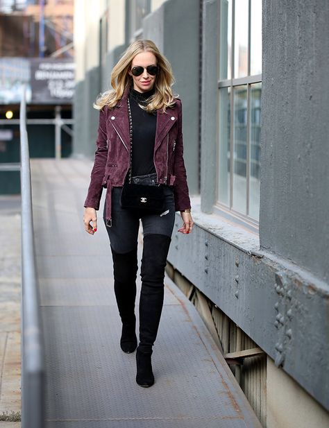 Jacket Ideas For Women, Suede Moto Jacket Outfit, Burgundy Jacket Outfit, Suede Jacket Outfit, Moto Jacket Outfit, Brooklyn Blonde, Burgundy Leather Jacket, Suede Biker Jacket, Jacket Ideas