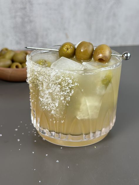 Dirty Margarita — Drinks with Danica Dirty Margarita Recipe, Margarita Birthday, Margarita Drinks, Mexican Margarita, Olive Brine, Margarita Drink, Roasted Tomatillo, Tequila Margarita, Fancy Drinks