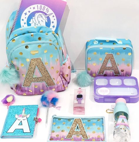 Initial Back to school set | Justice Justice School Supplies, School Necessities, Justice Backpacks, Justice Clothing Outfits, Sanrio Bag, School Suplies, Cute Mini Backpacks, Barbie Birthday Party, Neon Room