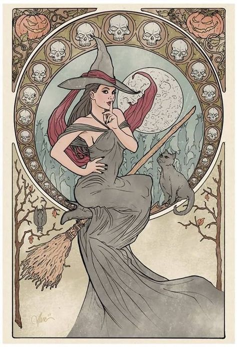 Witch with her familiar, a sweet black cat, in art nouveau style. Our reproduction is true to original vintage colors.  Your print will be made to order, using our professional photo printer, individual inkjet archival quality inks that last for a lifetime with proper care, on Mucha Art, Alfons Mucha, Trendy Tattoo, Cat Vintage, Tattoo Cat, Fantasy Magic, A Broom, Season Of The Witch, Witch Art