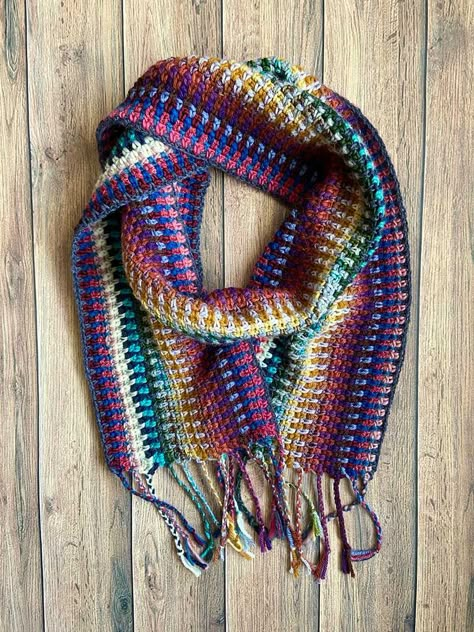 Experimenting with Color: Make a Scrappy Scarf | Creative Crochet Corner Scrappy Scarf, Diy Crochet Scarf, Crochet Granny Square Top, Crochet Stripe Scarf, Granny Square Top, Scrap Crochet, Crochet Blouse Pattern, Scrap Yarn Crochet, Light Worsted Weight Yarn