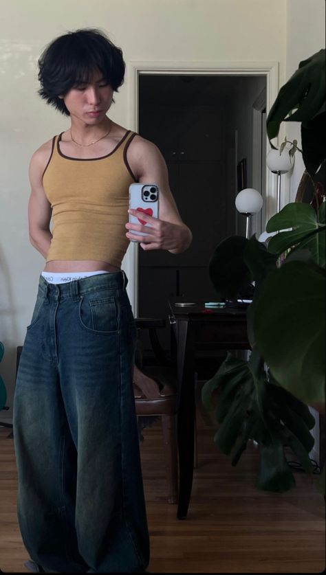 Tank Top Baggy Pants Men, Cropped Tank Top Men, 90s Men Clothes, Baggy Jeans With Tank Top, Dustin Vuong Aesthetic, Cropped Tank Outfit, Dustin Vuong Outfits, Tank Top And Baggy Pants, Indie Fits Men