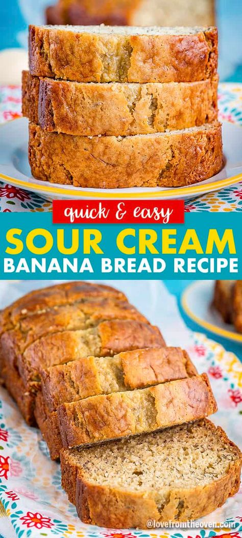 Melt In Your Mouth Sour Cream Banana Bread. Our family devoured this easy banana bread. Great moist banana bread with lots of flavor. Can add nuts or chocolate chips. #bananabread #banana #bread #quickbreads #baking #lftorecipes Banana Bread With Sour Cream Recipe, Banana Bread Add Ins, Banana Sour Cream Bread, Betty Crocker Banana Bread, Sour Cream Banana Bread, Delicious Banana Bread Recipe, Banana Nut Bread Recipe, Nut Bread Recipe, Banana Bread Recipe Moist