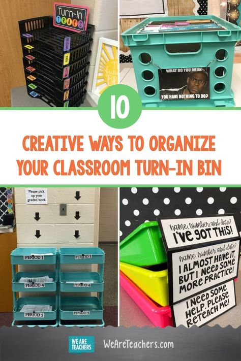 10 Creative Ways to Organize Your Classroom Turn-In Bin. Keep your classroom organized with this clever turn-in bin solutions. These teachers have it figured with their folders, bins, baskets, and more. #classroomdecor #classroomorganization #classroomideas #classroomsetup #classroommanagement Classroom Organization Turn In Work, Hs Classroom Organization, Assignment Turn In Baskets, Textbook Storage Classroom, Finished Work Bin Classroom Organization, Turn In Box Classroom, Turn It In Bin Classroom, Classroom Organisation Secondary, Teacher Turn In Bins