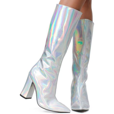 Current Mood Silver Hologram Go Go Boots ($88) ❤ liked on Polyvore featuring shoes, boots, holographic boots, wide heel shoes, silver chunky heel shoes, thick heel boots and chunky heel shoes Holo Clothes, Holographic Clothes, Holographic Outfit, Chrome Clothes, Holographic Boots, Hologram Shoes, Balzam Na Pery, Leggings Shoes, Holographic Fashion