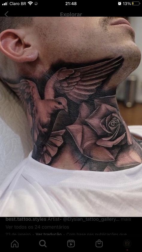 Throat Tattoo Designs Men, Full Throat Tattoo Men Design, Mens Front Neck Tattoos, Full Neck Sleeve Tattoo, Laurel Neck Tattoo, Rose Throat Tattoo Men, Men’s Throat Tattoos, Angel Neck Tattoo For Men, Jesus Neck Tattoo