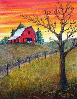 Yellow and gold sunset sky behind an old red barn. Autumn leaves have mostly fallen from the tree beside the country road leading to the farm. It looks like it might have come straight from a storybook page. By Word Weaver Art Farm Scene Painting, Red Barn Painting, Barn Drawing, Autumn Sunrise, Landscape Winter, Barn Pictures, Farm Paintings, Painting Winter, Barn Painting