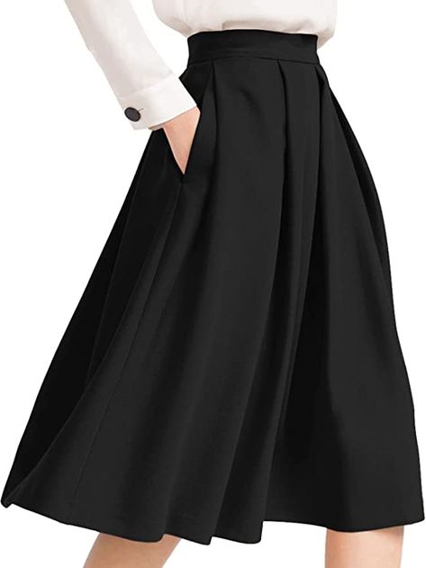 Yige Women's High Waist Flared Skirt Pleated Midi Skirt with Pocket at Amazon Women’s Clothing store High Waisted A Line Skirt, Model Rok, Prom Skirt, Midi Skirt Black, Midi Skirt With Pockets, Full Midi Skirt, Knee Skirts, Outfits Spring, Black Midi Skirt