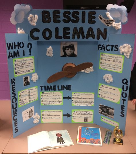 Biography Trifold Board Ideas, Bessie Coleman Project, Amelia Earhart Poster Project, Bessie Coleman Crafts For Kids, Trifold Project Board Ideas, Posterboard Projects For School, Jackie Robinson Project, Biography Project Ideas, Maths Exhibition