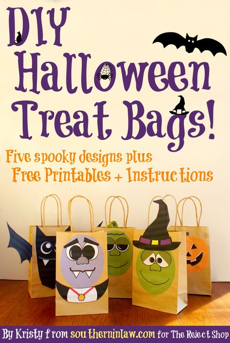 DIY Halloween Treat Bags - get the FREE printable templates for these super cute (and oh so easy) Halloween Treat Bags. Fill them with whatever you fancy and use as party favors or have the best treat bag in town on Halloween night! Easy Halloween Treat Bags, Diy Halloween Trick Or Treat Bags, Diy Halloween Treat Bags, Halloween Bags Diy, Paper Bag Decoration, Diy Party Bags, Diy Treat Bag, Halloween Treat Bags Diy, Halloween Paper Bags