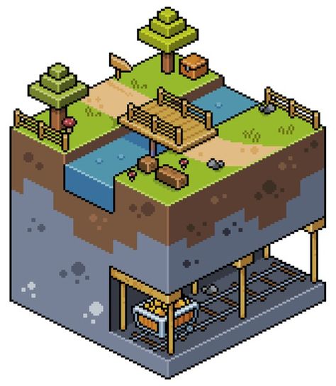 Isometric Landscape, Landscape With Bridge, Pixel Art Landscape, Isometric Drawing, Pixel Art Tutorial, 8bit Art, 2d Game Art, Cool Pixel Art, Pixel Art Characters