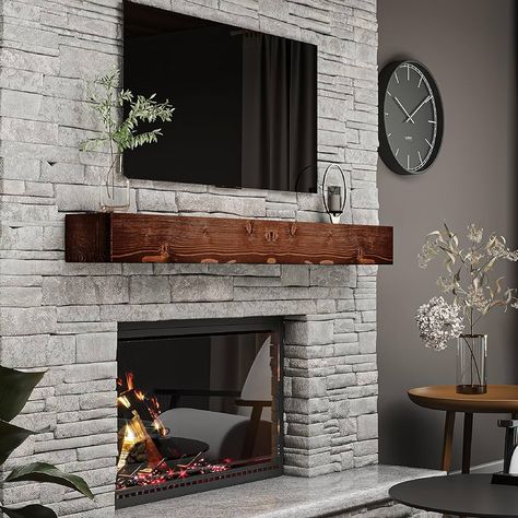 Amazon.com: BoscoMondo Rustic Fireplace Mantel Shelf - Pine Wood - Wall Decor, Mounted Farmhouse Shelving (Dark Brown, 72" Extra Thick) : Home & Kitchen Floating Fireplace Mantle Wood, Stone Fireplace With Black Wall, White Tile Fireplace With Wood Mantle, Black And White Fireplace, Distressed Fireplace, Wood Burning Fireplace Inserts, Farmhouse Fireplace Decor, Pine Wood Walls, Fireplace Redo